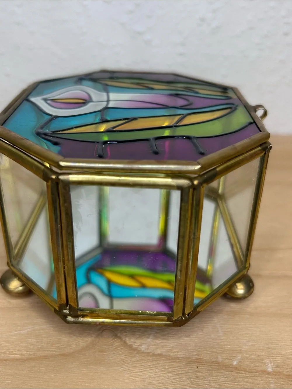 Vintage Stained Glass Calla Lily Jewelry Trinket Box Mirrored Base